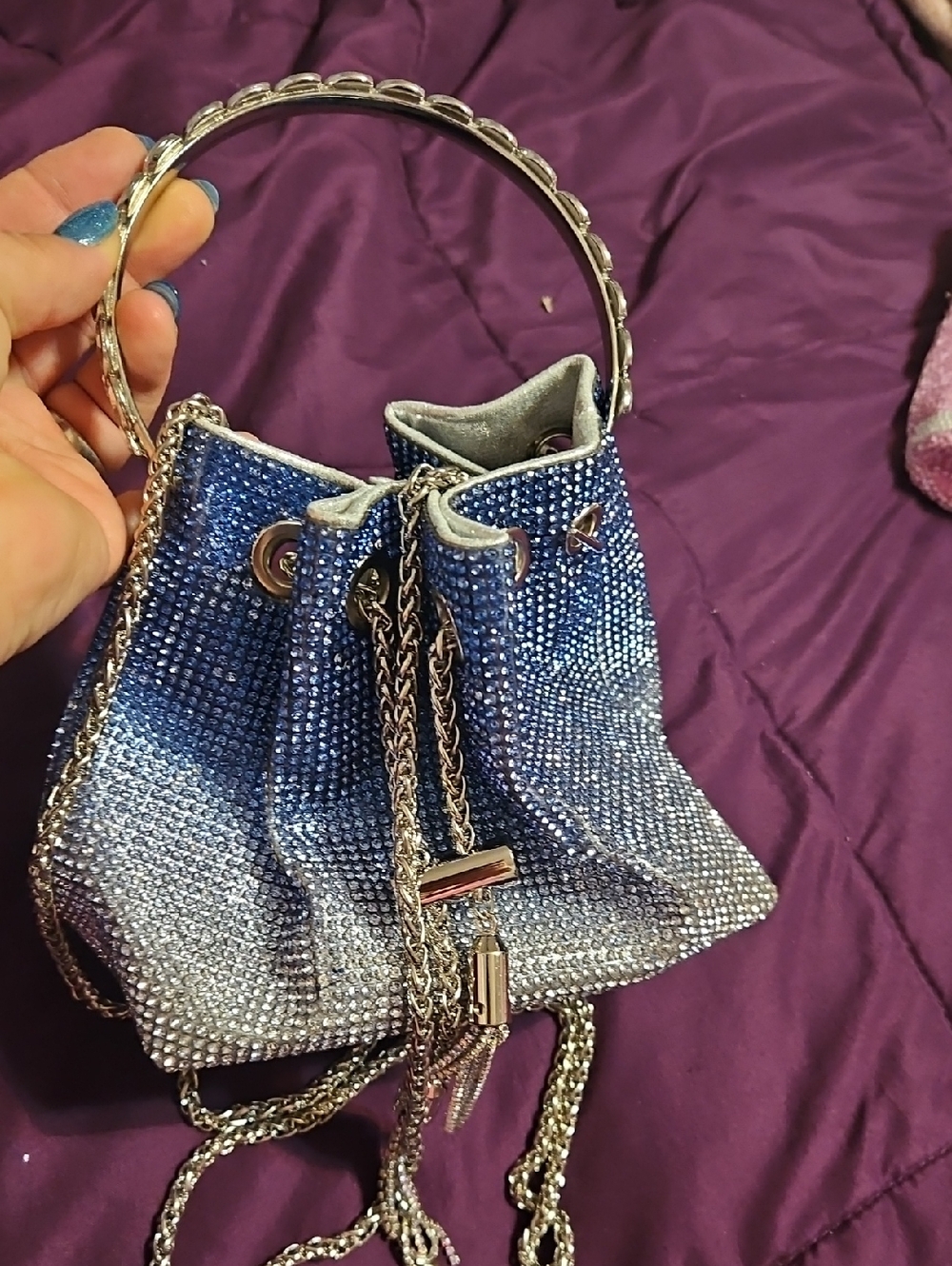 NWOT Blue and Silver Beaded Mini Drawstring Bag
